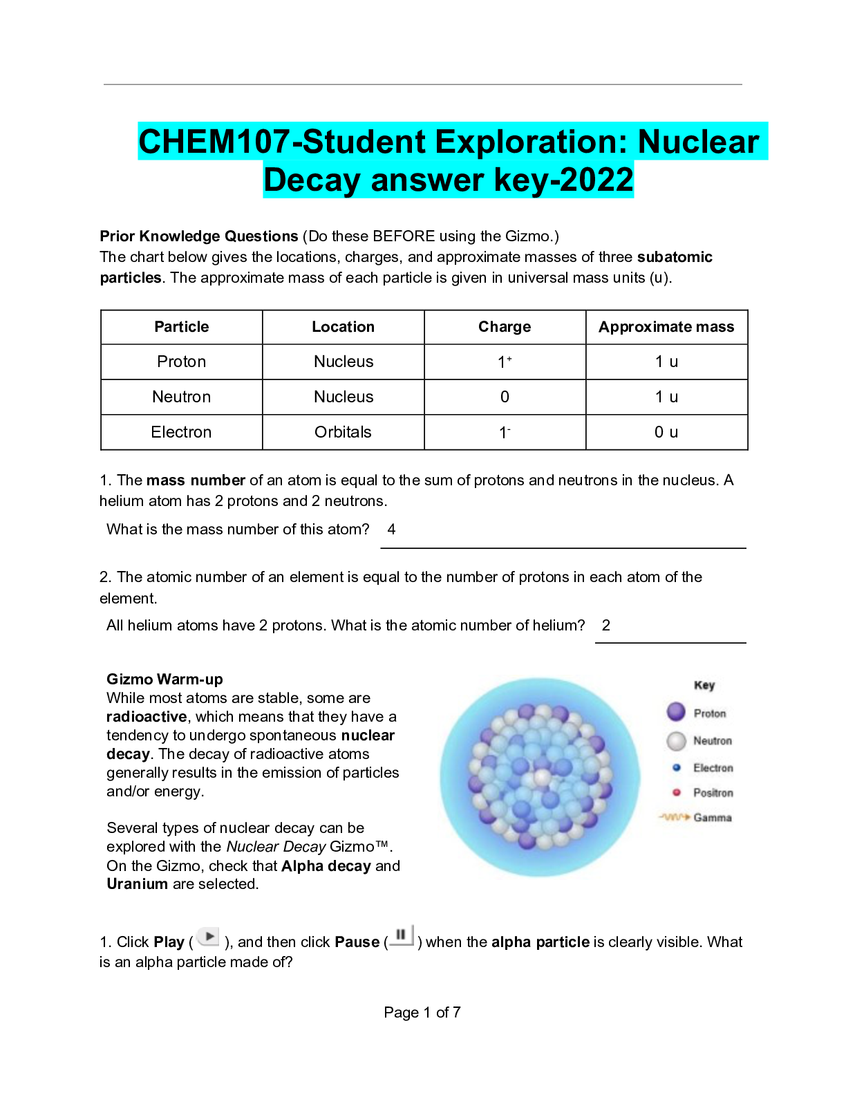 Preview of CHEM107-Student Exploration: Nuclear Decay answer key-2022
